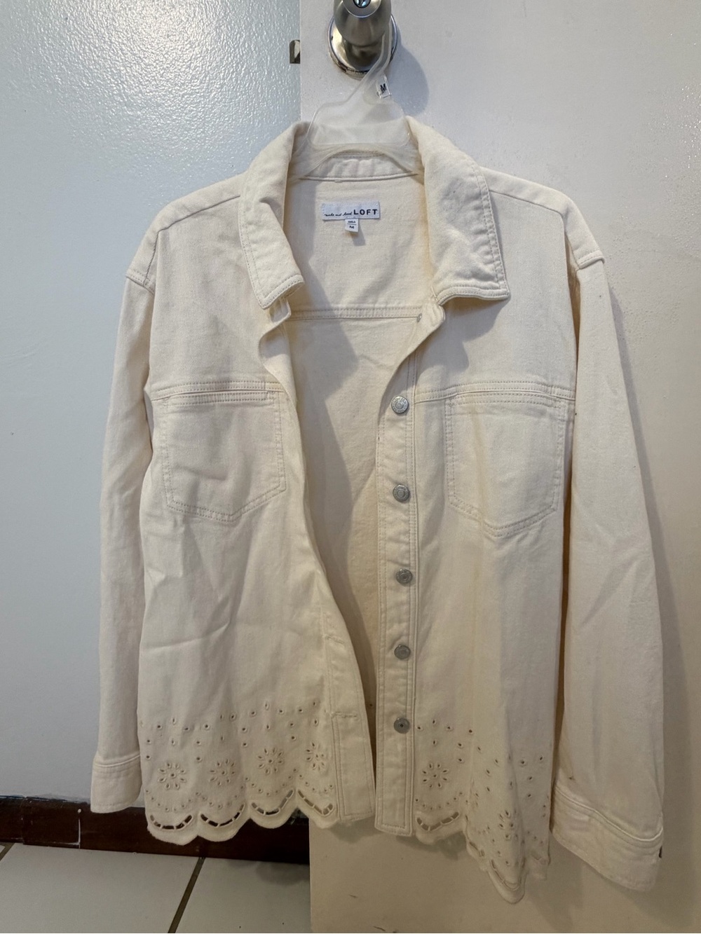LOFT Cream Eyelet Hem Denim Jacket